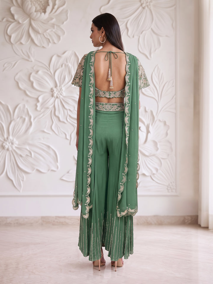 Sage Green Bell Sleeve Floral Roses Embroidered Blouse with Sharara