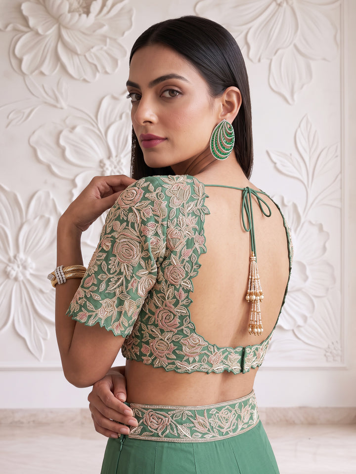 Sage Green Bell Sleeve Floral Roses Embroidered Blouse with Sharara
