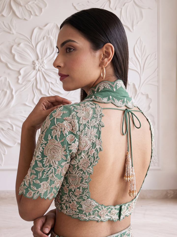 Sage Green Bell Sleeve Floral Roses Embroidered Blouse with Sharara