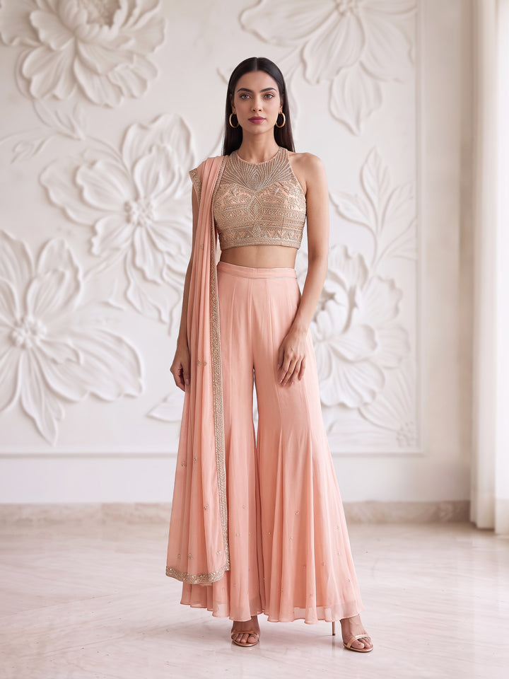 PEACH ROSEGOLD SHARARA SET WITH Embroidered BLOUSE