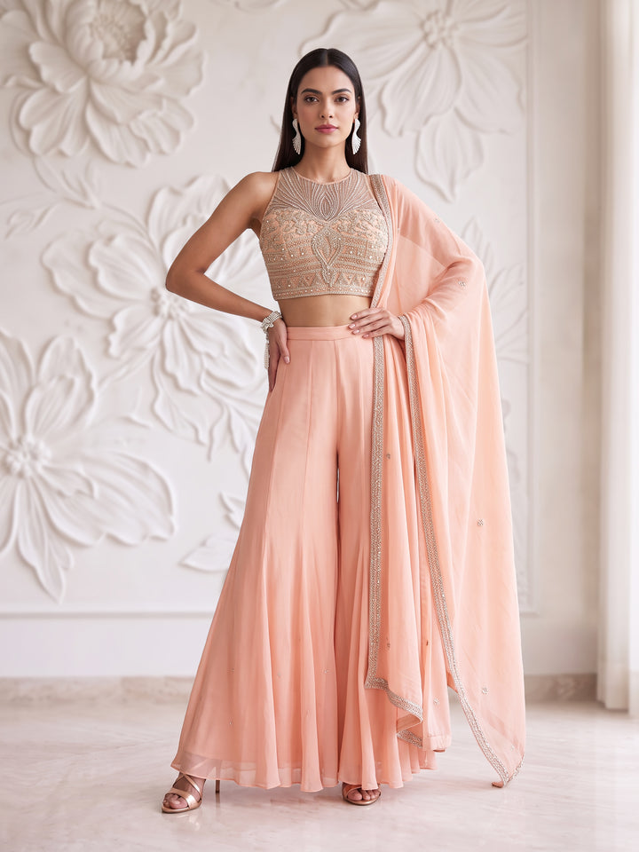 PEACH ROSEGOLD SHARARA SET WITH Embroidered BLOUSE