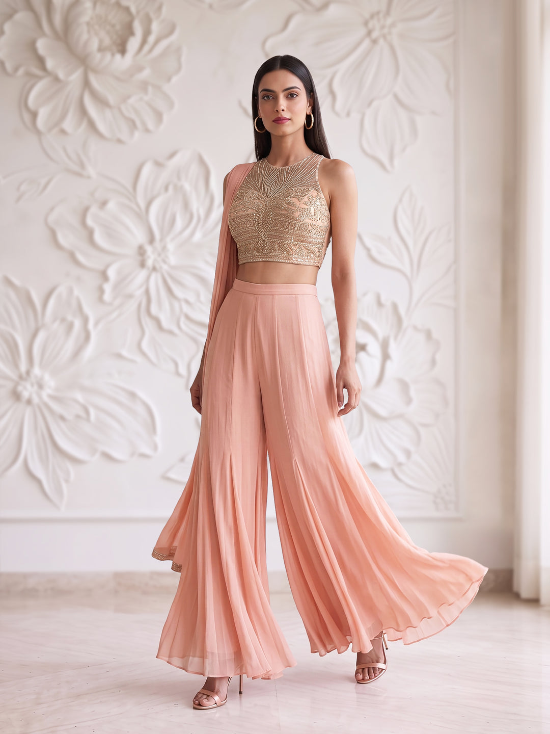PEACH ROSEGOLD SHARARA SET WITH Embroidered BLOUSE