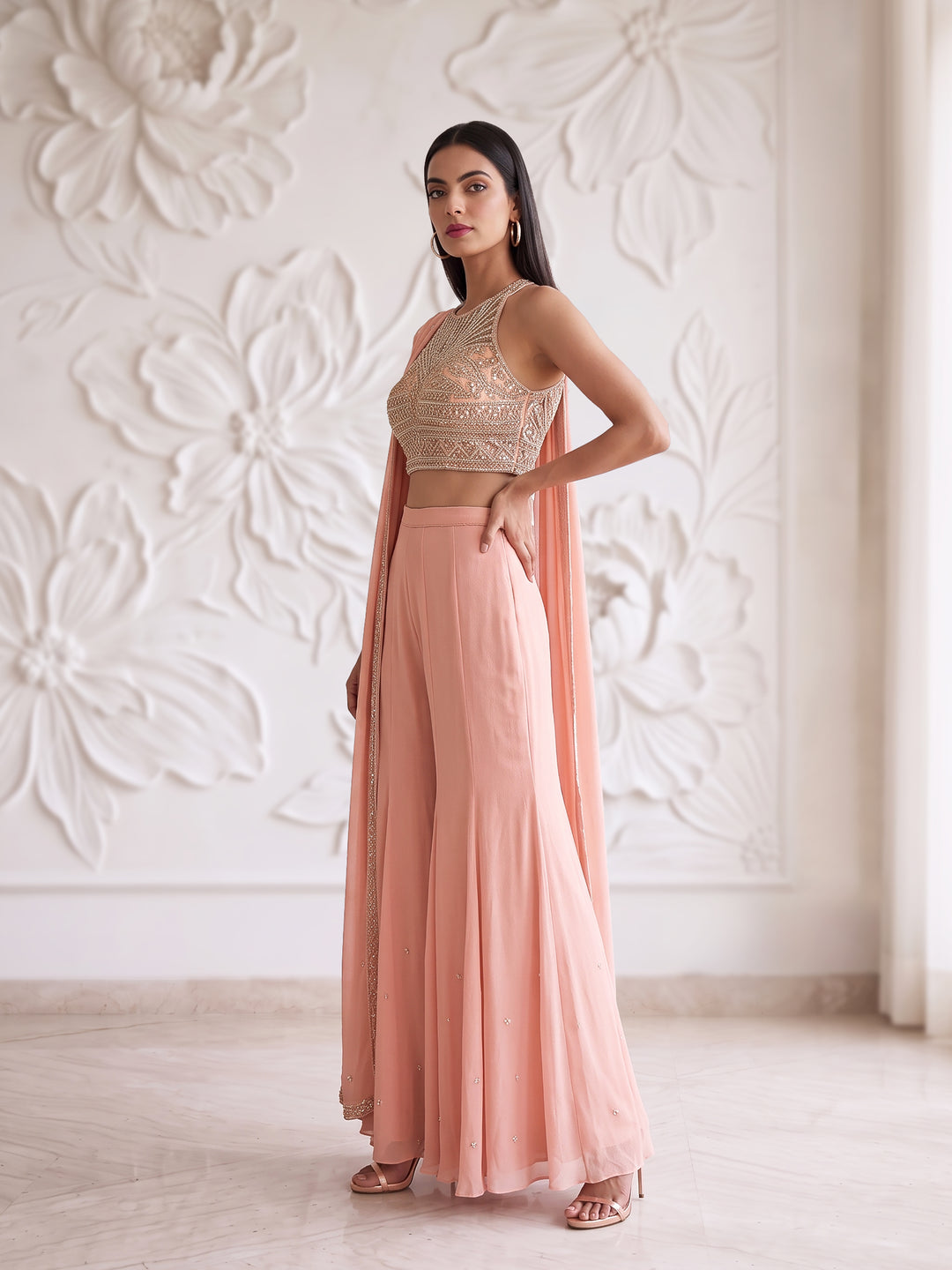 PEACH ROSEGOLD SHARARA SET WITH Embroidered BLOUSE