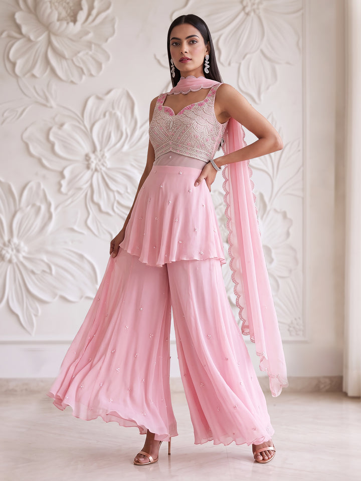 PINK HIGH AND LOW STYLE KURTA SHARARA SET