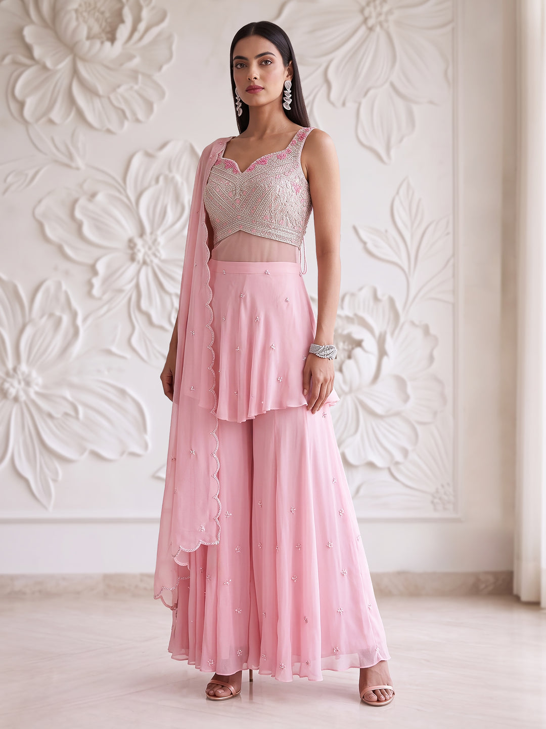 PINK HIGH AND LOW STYLE KURTA SHARARA SET