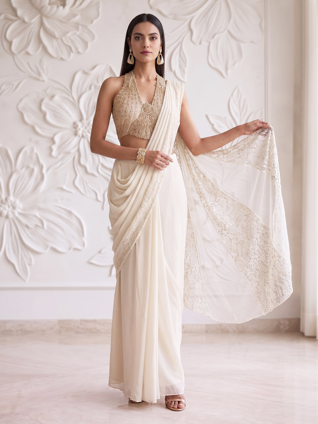 IVORY ROSEGOLD EMBROIDERED BLOUSE LACE WITH INSERTED DRAPE SAREE SET