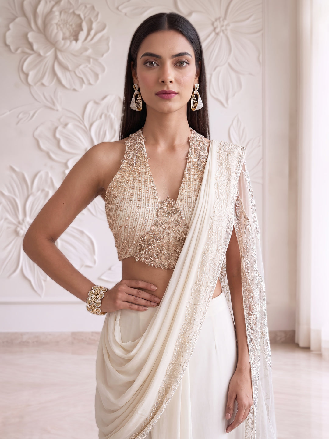 IVORY ROSEGOLD EMBROIDERED BLOUSE LACE WITH INSERTED DRAPE SAREE SET