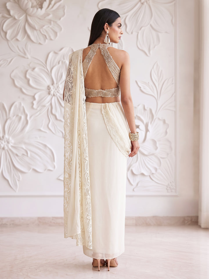 IVORY ROSEGOLD EMBROIDERED BLOUSE LACE WITH INSERTED DRAPE SAREE SET