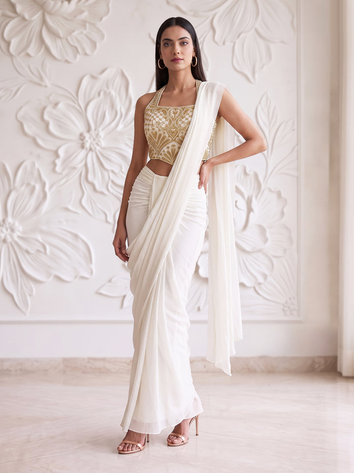 IVORY GOLD EMBROIDERED BLOUSE DRAPE SAREE SET