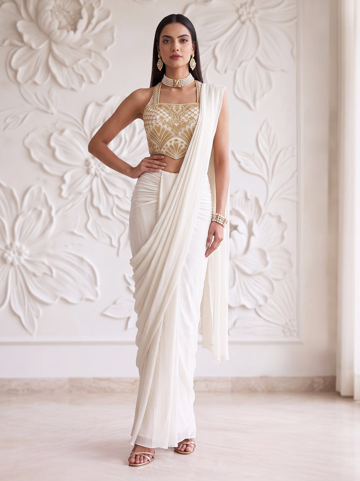 IVORY GOLD EMBROIDERED BLOUSE DRAPE SAREE SET