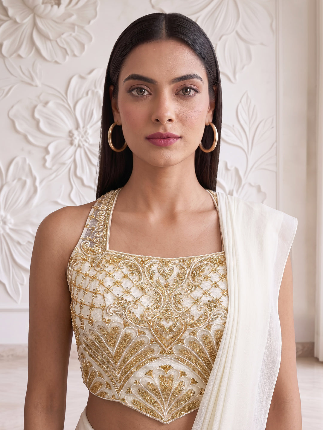 IVORY GOLD EMBROIDERED BLOUSE DRAPE SAREE SET