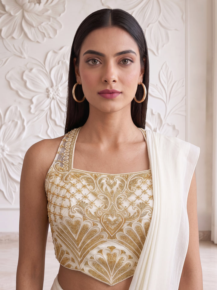 IVORY GOLD EMBROIDERED BLOUSE DRAPE SAREE SET