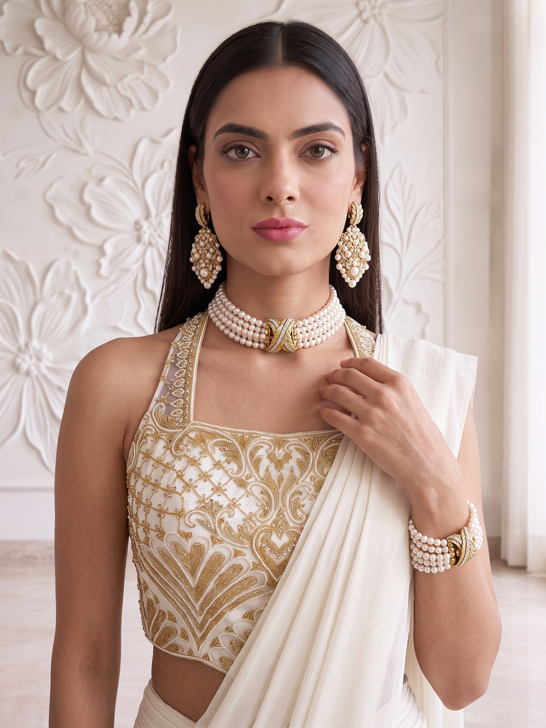 IVORY GOLD EMBROIDERED BLOUSE DRAPE SAREE SET