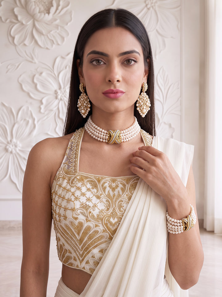 IVORY GOLD EMBROIDERED BLOUSE DRAPE SAREE SET