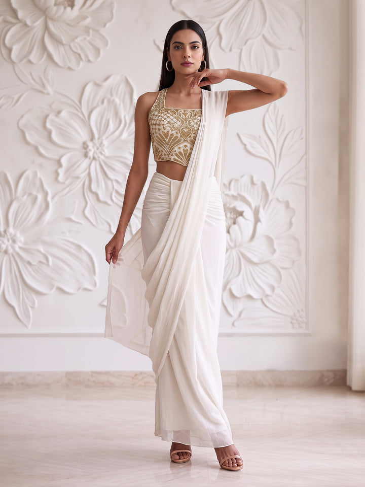 IVORY GOLD EMBROIDERED BLOUSE DRAPE SAREE SET