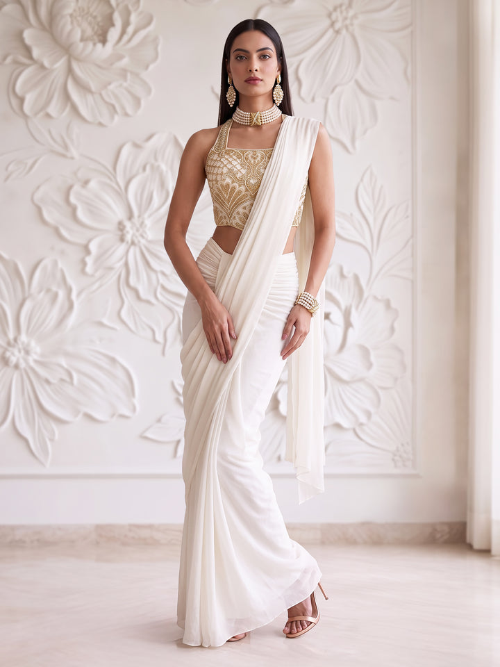 IVORY GOLD EMBROIDERED BLOUSE DRAPE SAREE SET
