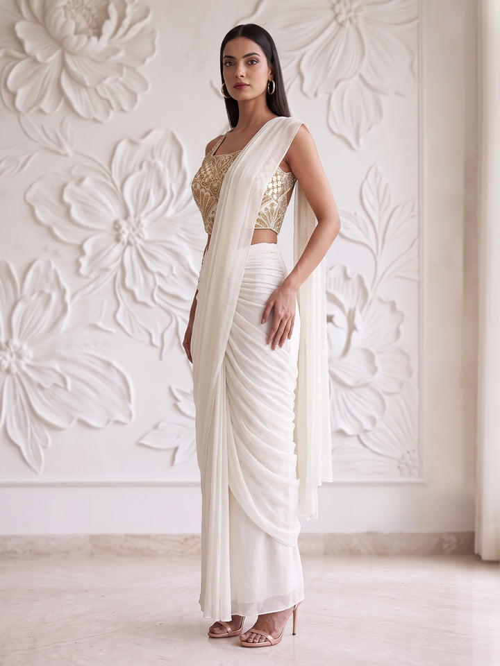 IVORY GOLD EMBROIDERED BLOUSE DRAPE SAREE SET