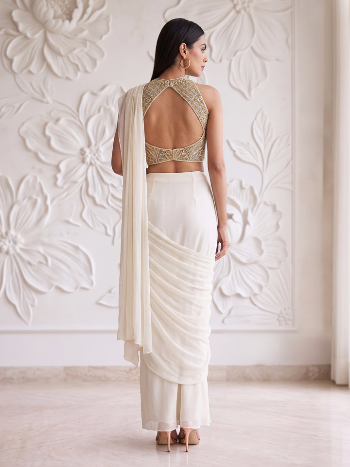 IVORY GOLD EMBROIDERED BLOUSE DRAPE SAREE SET