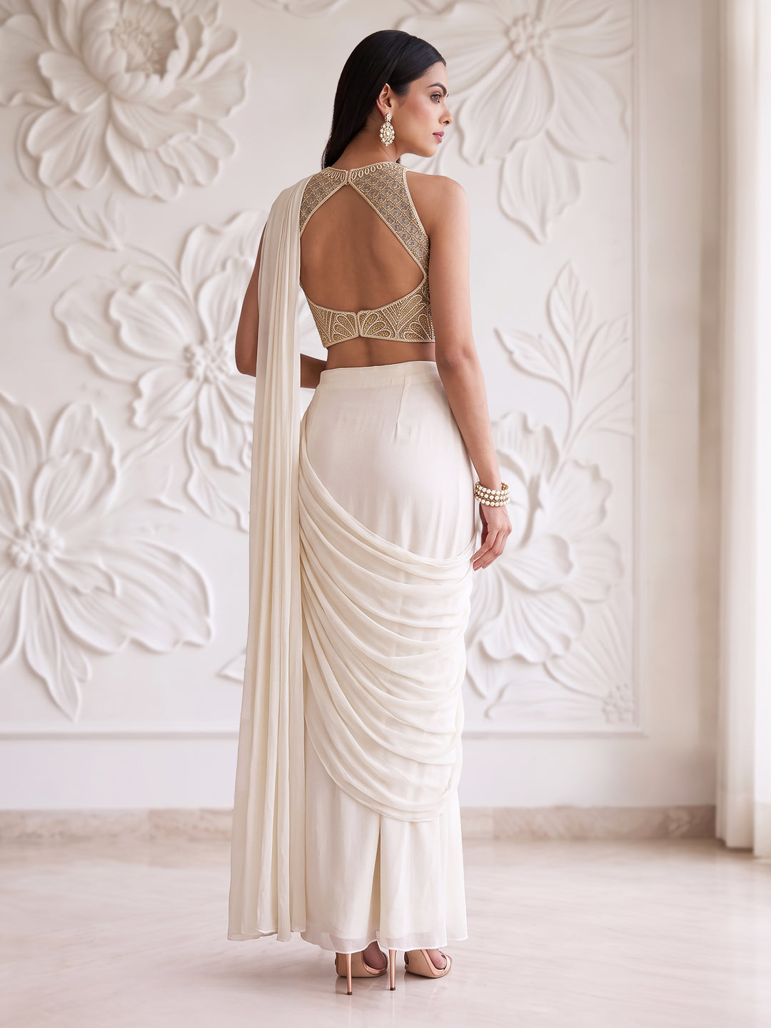 IVORY GOLD EMBROIDERED BLOUSE DRAPE SAREE SET