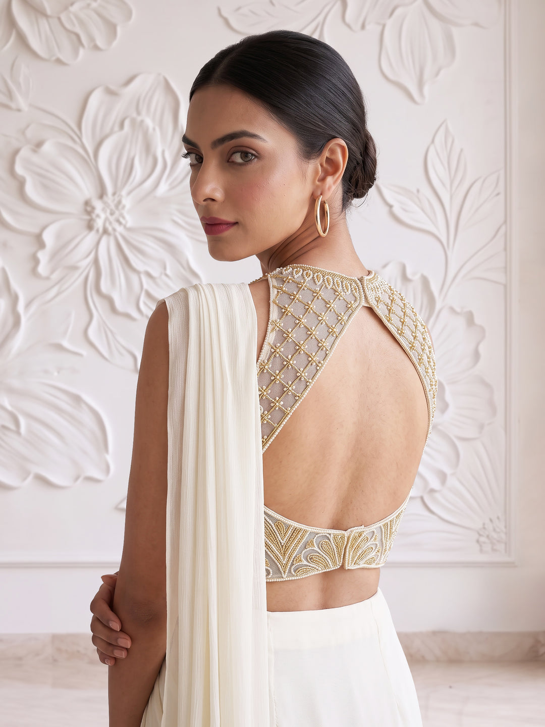 IVORY GOLD EMBROIDERED BLOUSE DRAPE SAREE SET