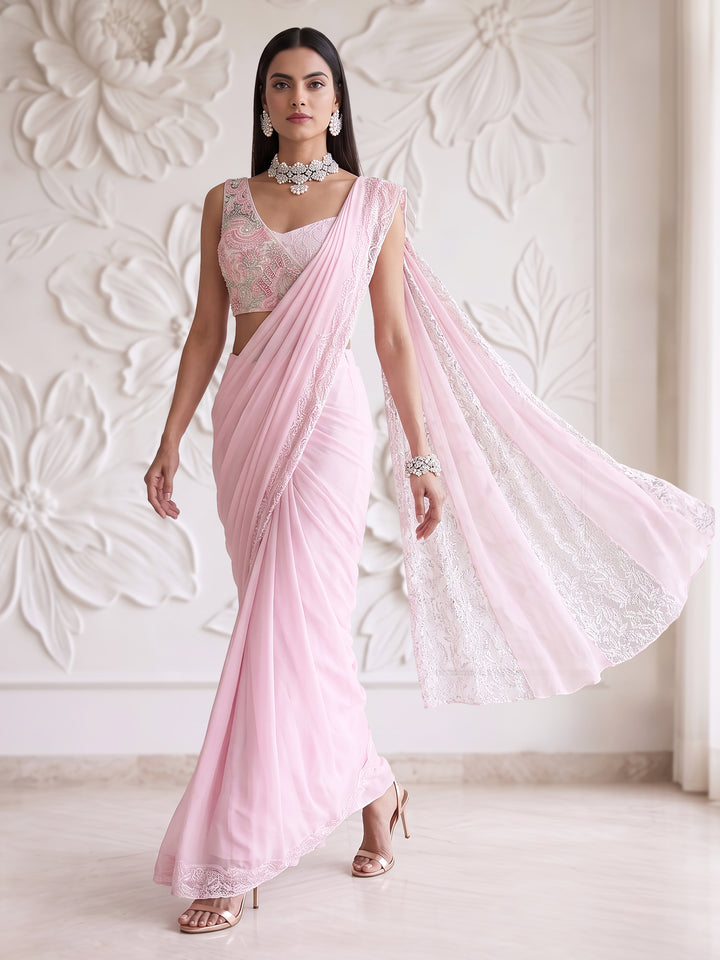LIGHT PINK ONE SHOULDER BLOUSE WITH LACE INSERTED DRAPE SAREE SET