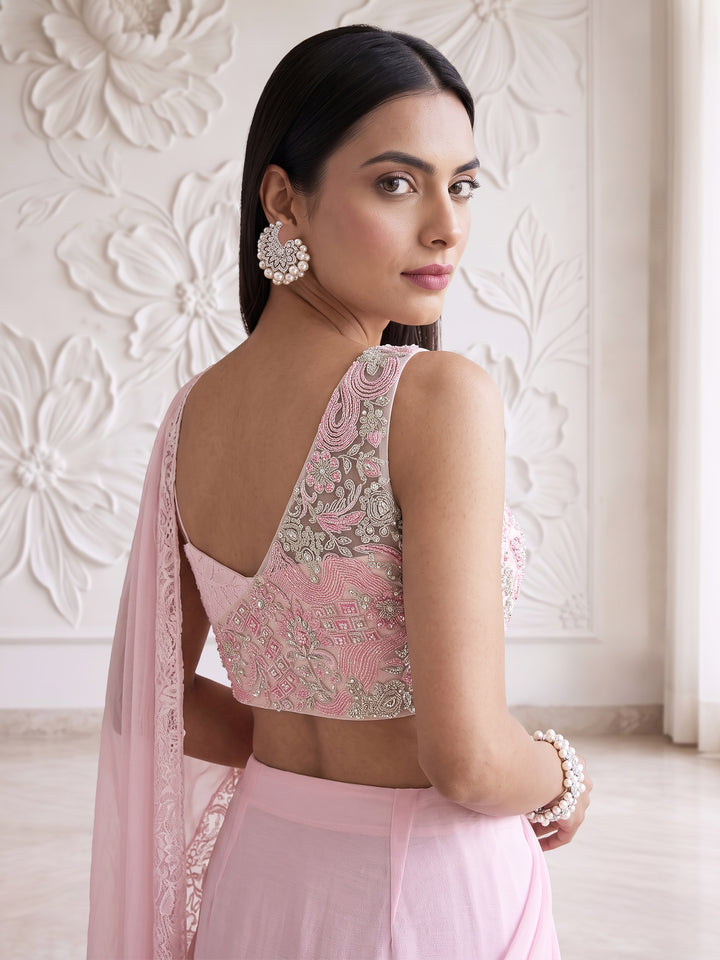 LIGHT PINK ONE SHOULDER BLOUSE WITH LACE INSERTED DRAPE SAREE SET