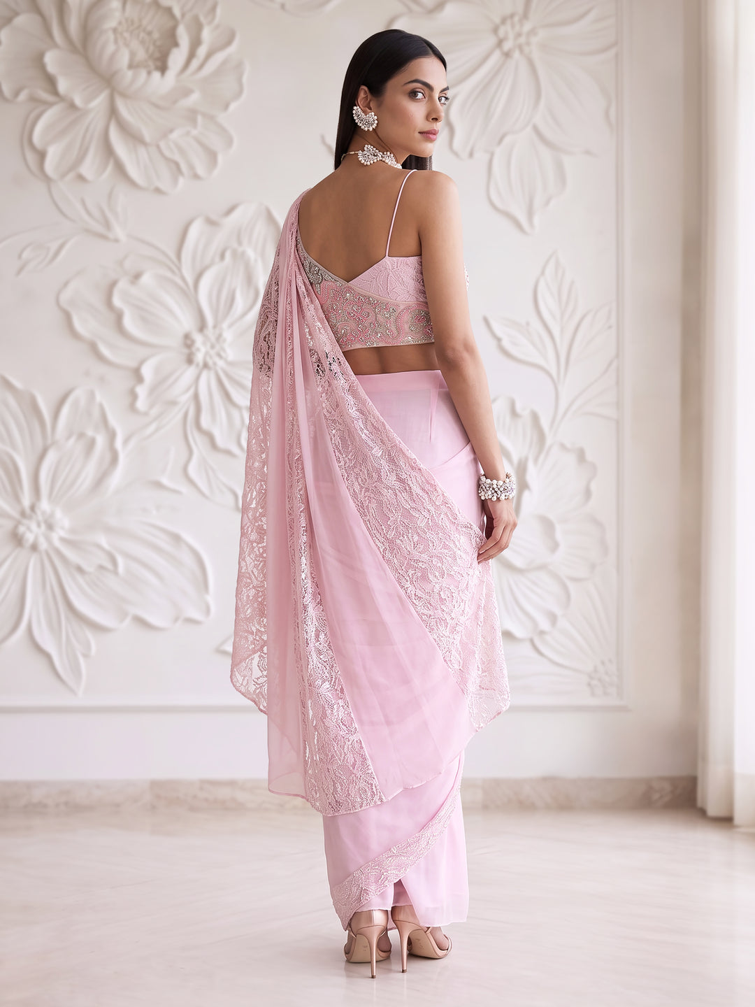 LIGHT PINK ONE SHOULDER BLOUSE WITH LACE INSERTED DRAPE SAREE SET