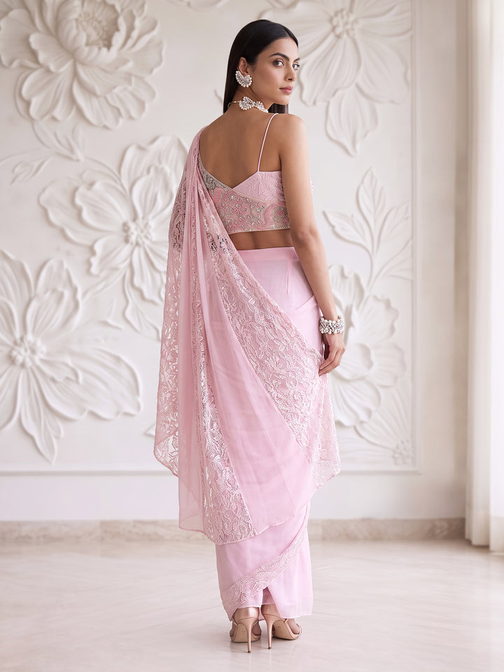 LIGHT PINK ONE SHOULDER BLOUSE WITH LACE INSERTED DRAPE SAREE SET