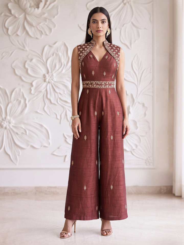 CHOCOLATE BROWN EMBROIDERED JUMPSUIT