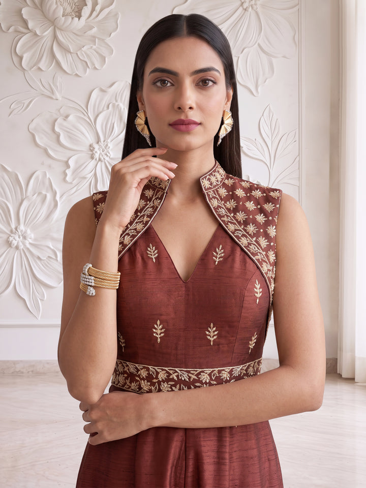 CHOCOLATE BROWN EMBROIDERED JUMPSUIT