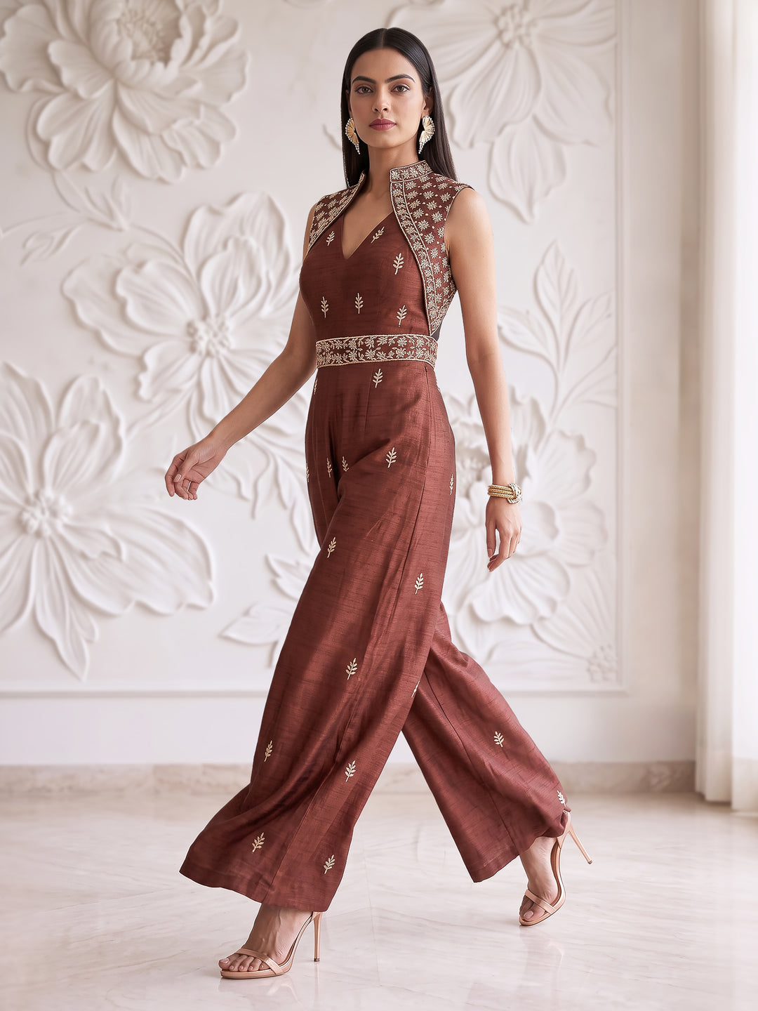 CHOCOLATE BROWN EMBROIDERED JUMPSUIT