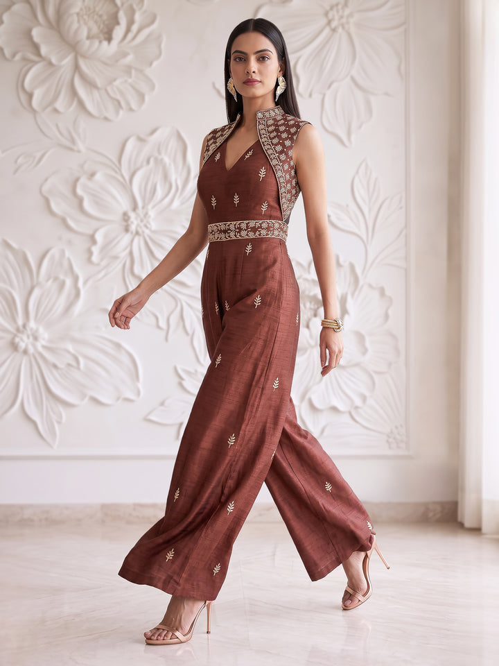 CHOCOLATE BROWN EMBROIDERED JUMPSUIT