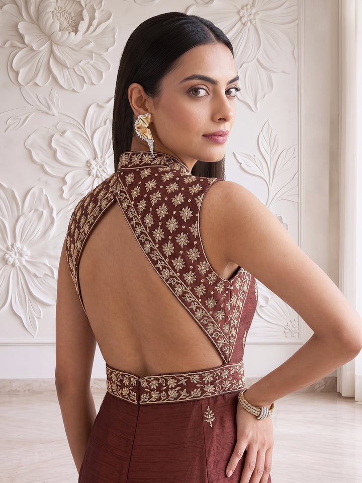 CHOCOLATE BROWN EMBROIDERED JUMPSUIT