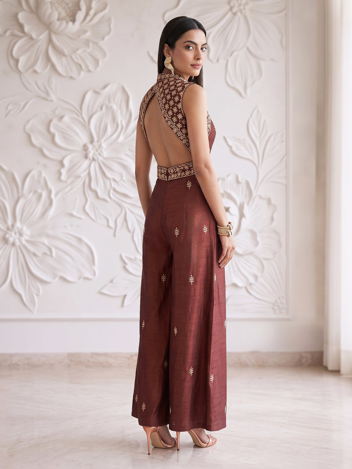 CHOCOLATE BROWN EMBROIDERED JUMPSUIT