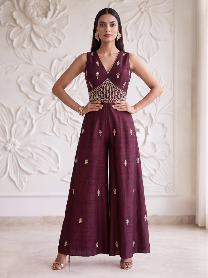 WINE EMBROIDERED JUMPSUIT