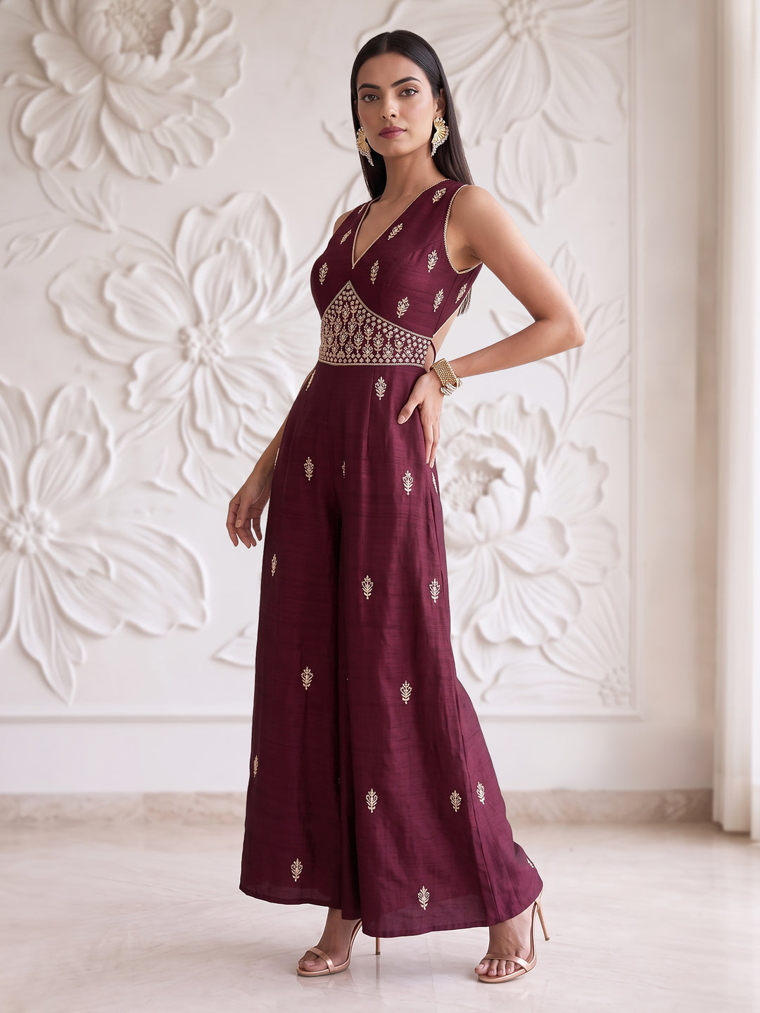 WINE EMBROIDERED JUMPSUIT