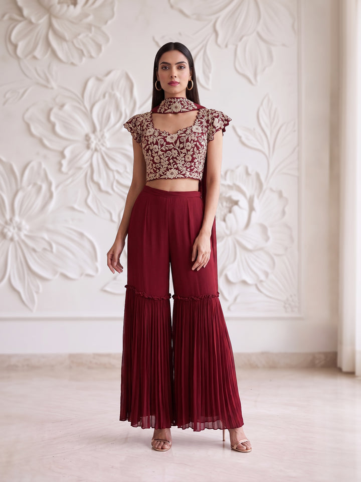 ALAMKARA RED EMBROIDERED BLOUSE WITH ROUCHED SHARARA SET
