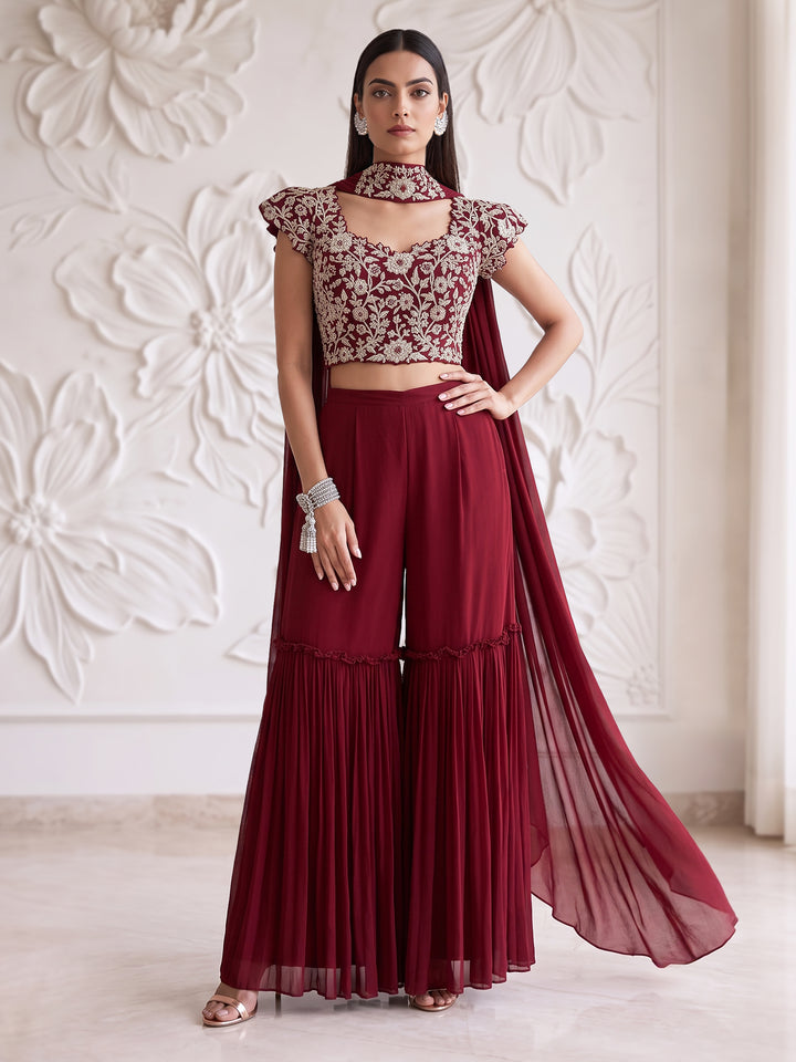 ALAMKARA RED EMBROIDERED BLOUSE WITH ROUCHED SHARARA SET
