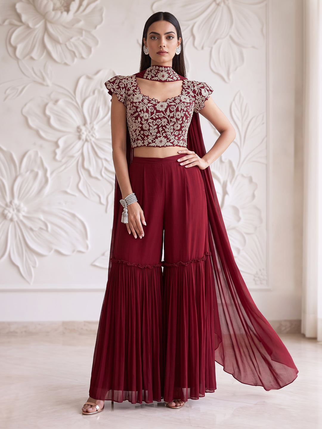 ALAMKARA RED BLOUSE WITH ROUCHED SHARARA SET