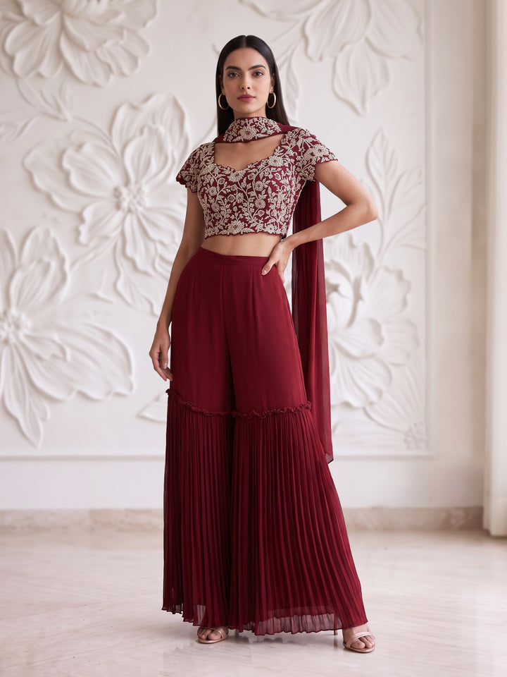 ALAMKARA RED EMBROIDERED BLOUSE WITH ROUCHED SHARARA SET