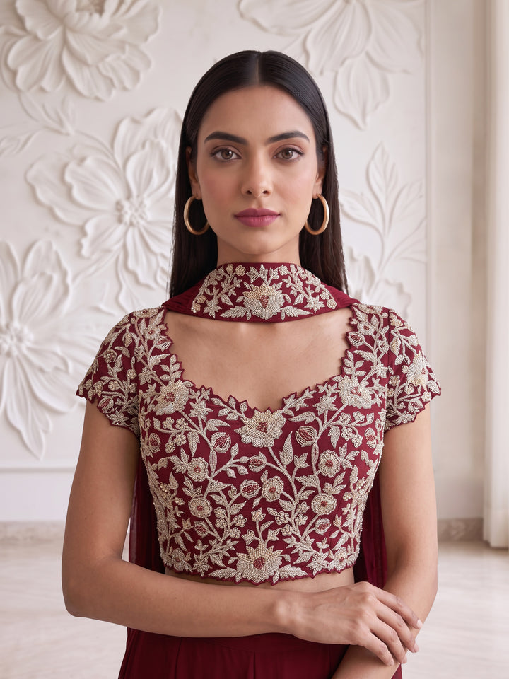 ALAMKARA RED EMBROIDERED BLOUSE WITH ROUCHED SHARARA SET