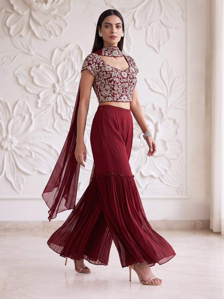 ALAMKARA RED BLOUSE WITH ROUCHED SHARARA SET