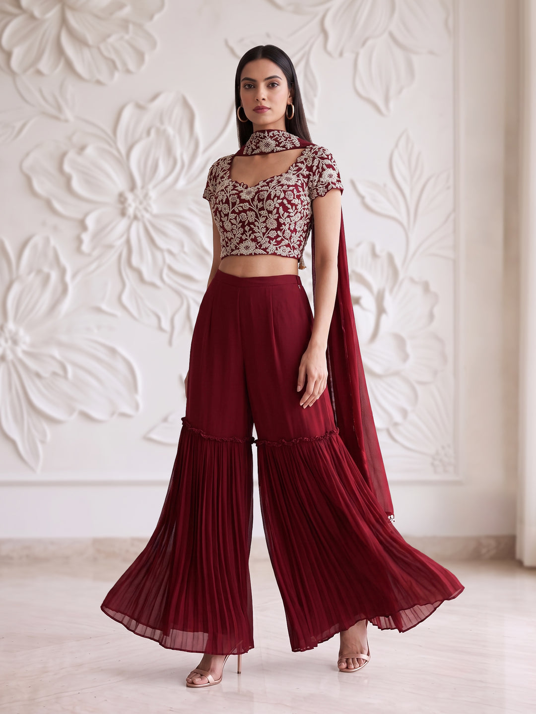 ALAMKARA RED EMBROIDERED BLOUSE WITH ROUCHED SHARARA SET