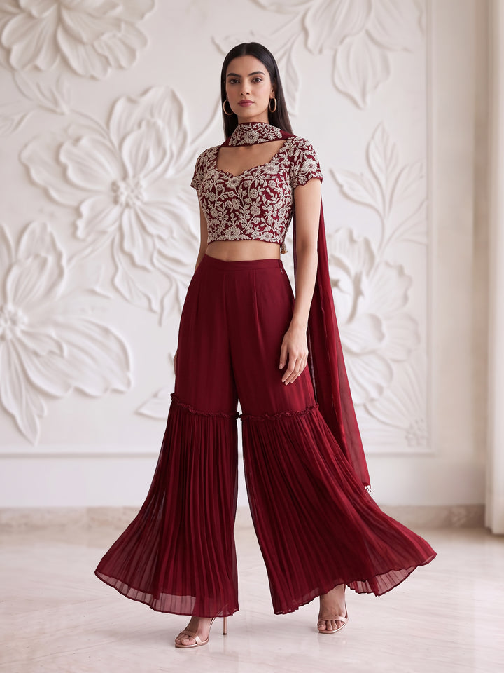 ALAMKARA RED EMBROIDERED BLOUSE WITH ROUCHED SHARARA SET