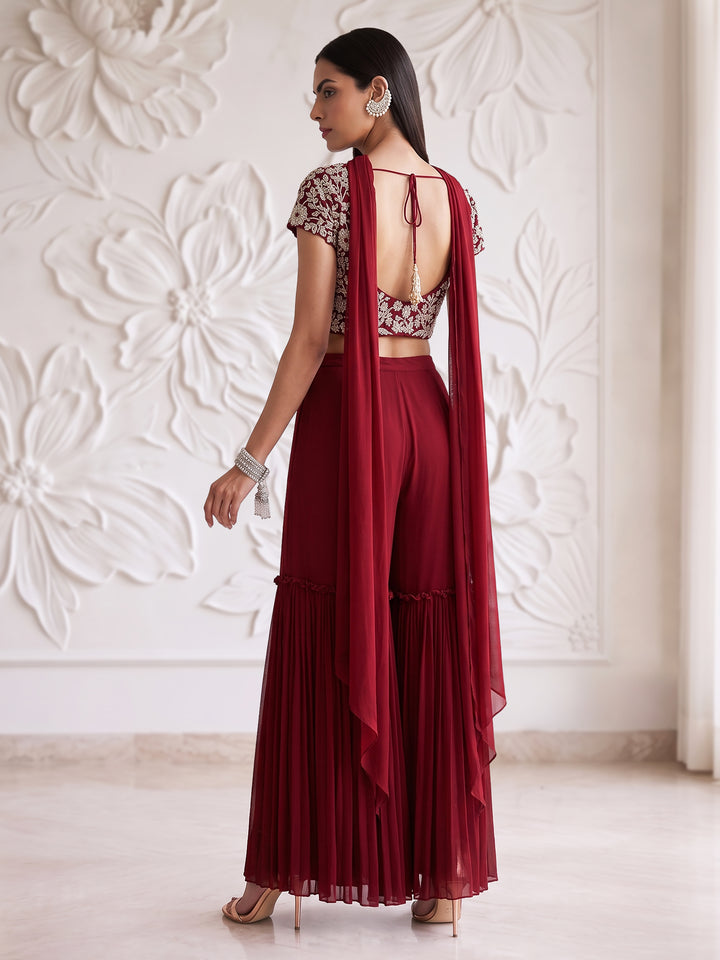 ALAMKARA RED BLOUSE WITH ROUCHED SHARARA SET