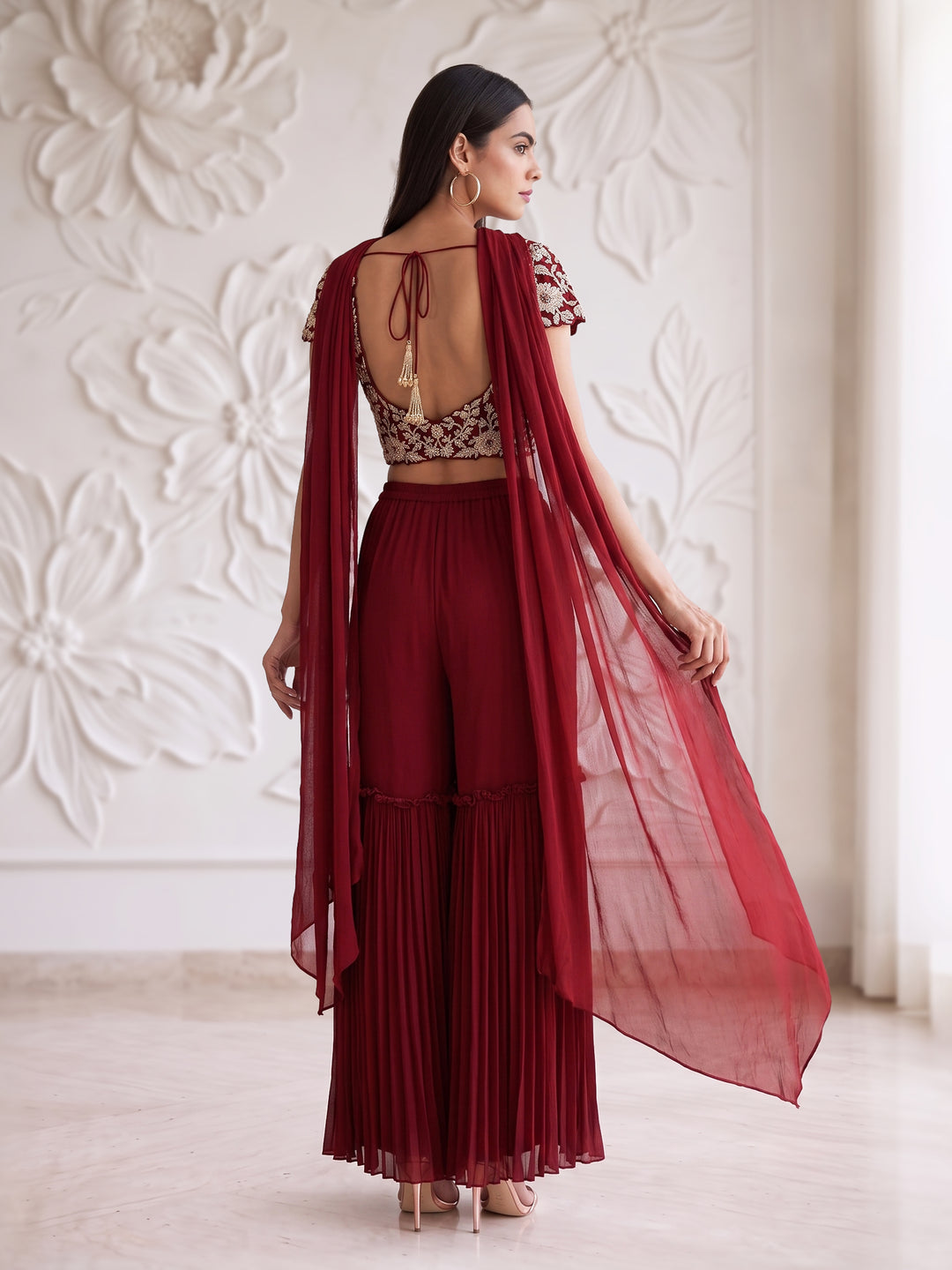 ALAMKARA RED EMBROIDERED BLOUSE WITH ROUCHED SHARARA SET