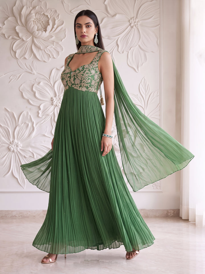 SAGE GREEN LONG GOWN WITH DUPATTA