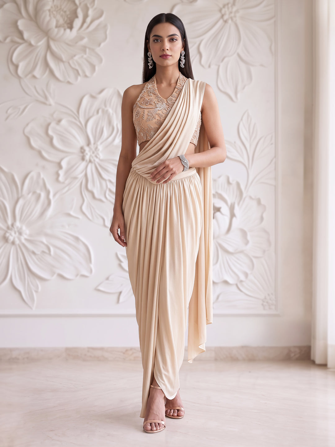 LIGHT PEACH HALTER BLOUSE WITH DRAPE SAREE