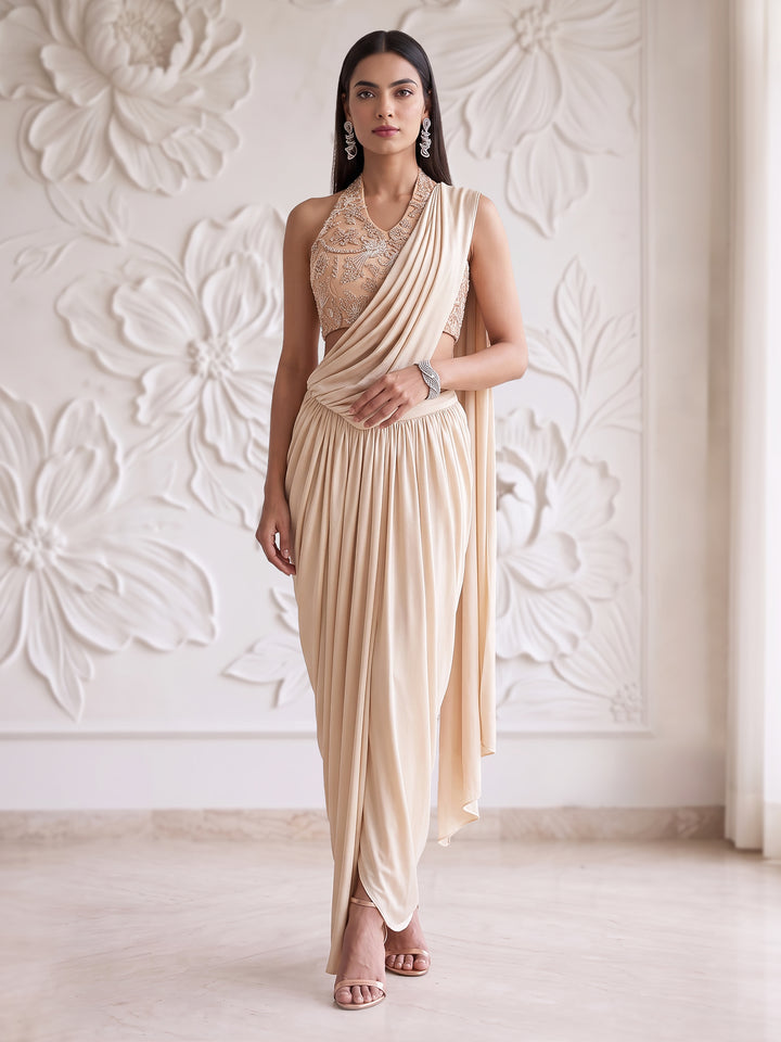 LIGHT PEACH HALTER BLOUSE WITH DRAPE SAREE