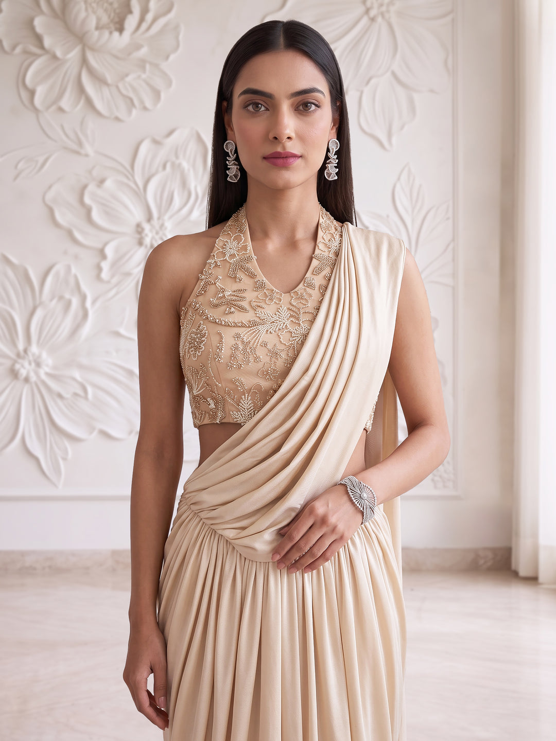 LIGHT PEACH HALTER BLOUSE WITH DRAPE SAREE